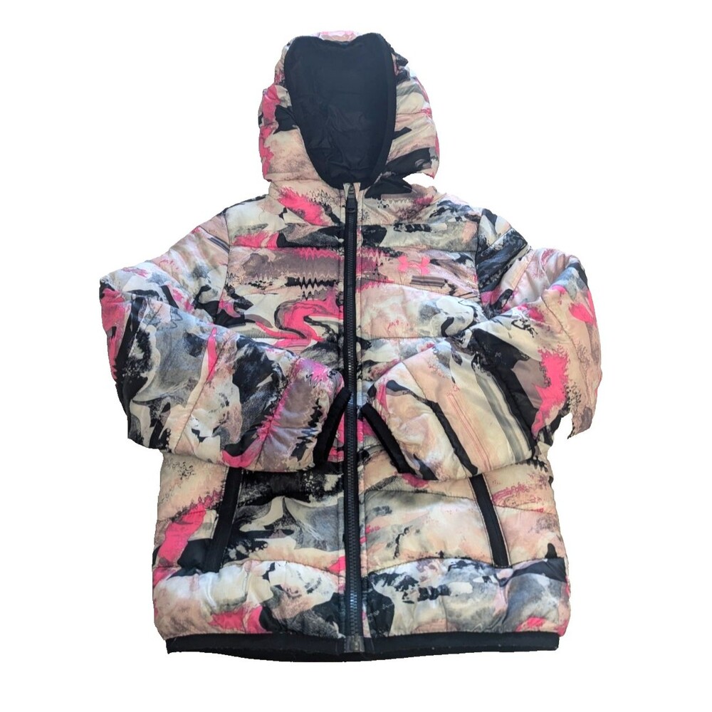Under Armour Girls 6X Cold Gear Puffer Jacket Hooded Neon Pink Black Abstract